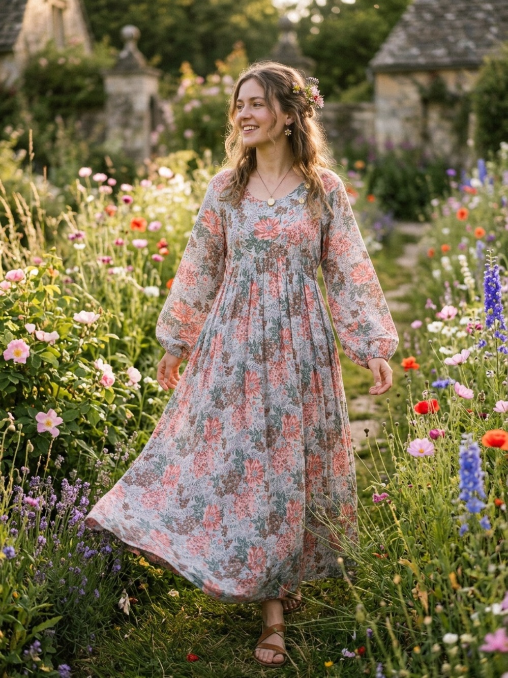 Unique Vintage Cottagecore Floral Maxi Dress Bishop Sleeves Made England